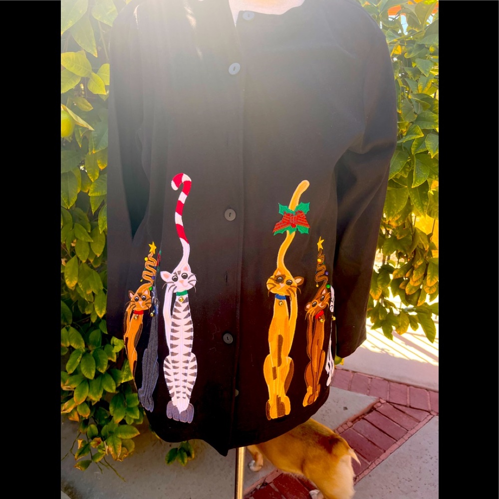 Women’s holiday button down shirt for the Holiday for a cat lover.
